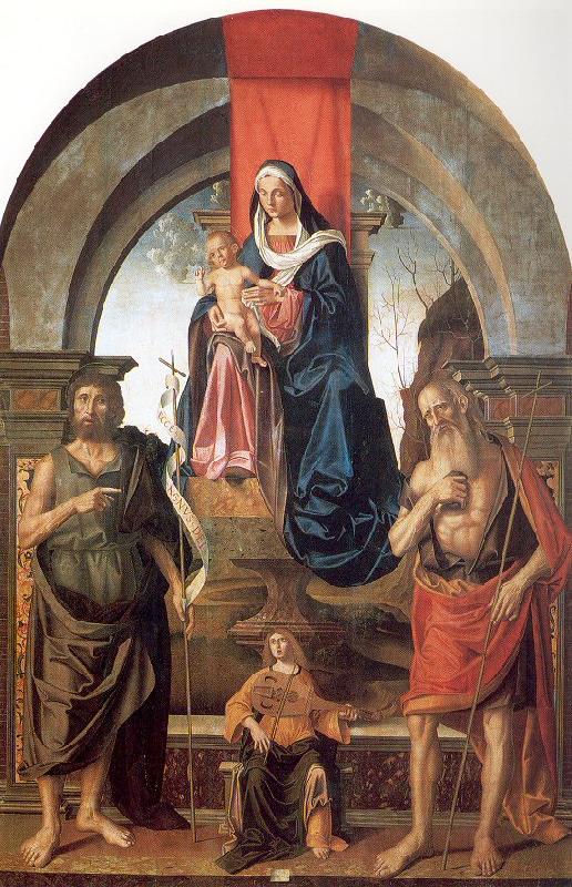 Palmezzano, Marco Virgin and Child Enthroned between Saints John the Baptist and Jerome oil painting picture